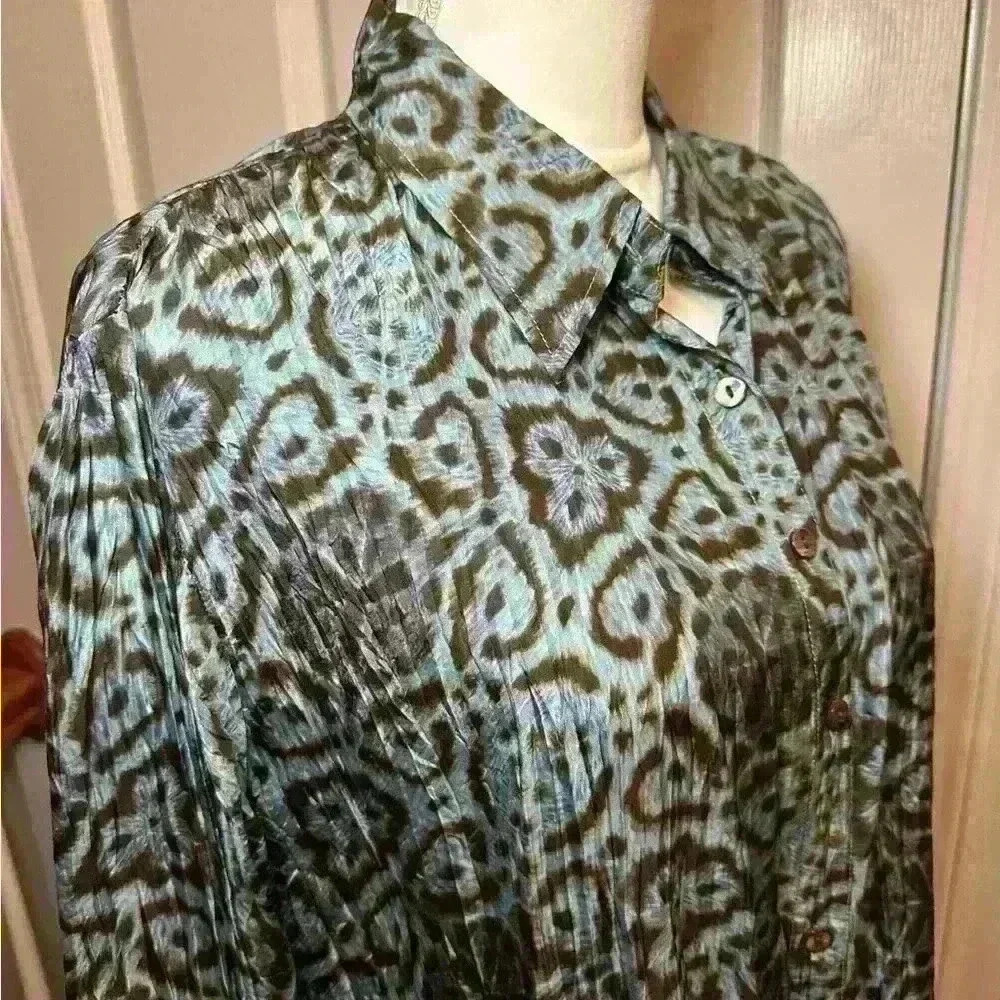 Lynn Ritchie Vintage 100% Silk Long Shirt - Brown + Blue - Women’s Size Medium - Picture 3 of 15